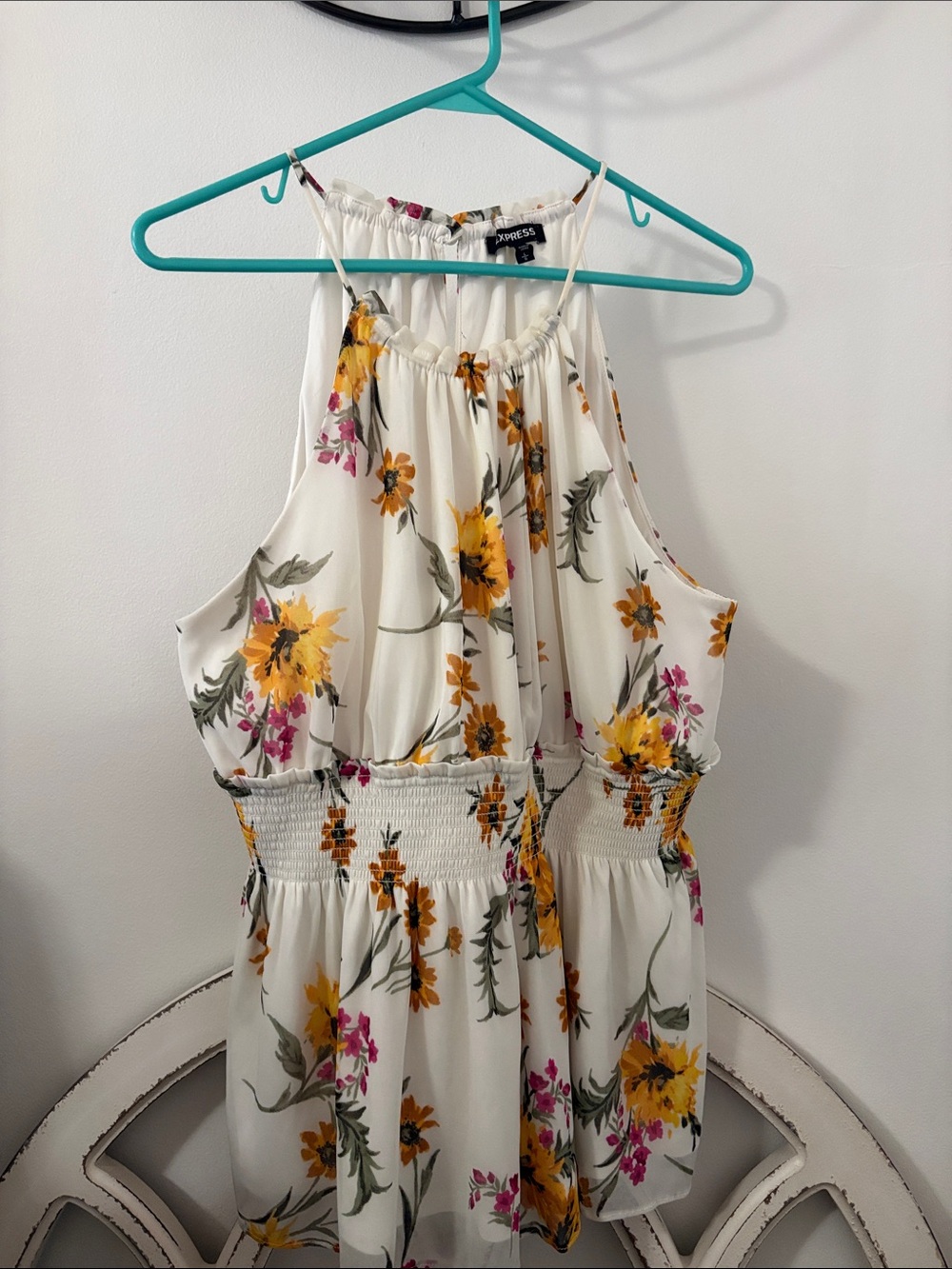 Express White Floral Halter Romper with Yellow & Pink Blooms